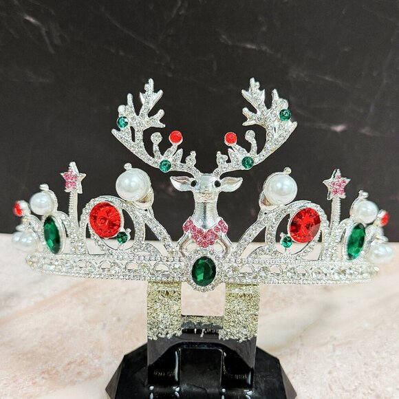 Festive Holiday Crown, Christmas Headband, Silver Tiara Crown, Reindeer Crown - Picture 1 of 8